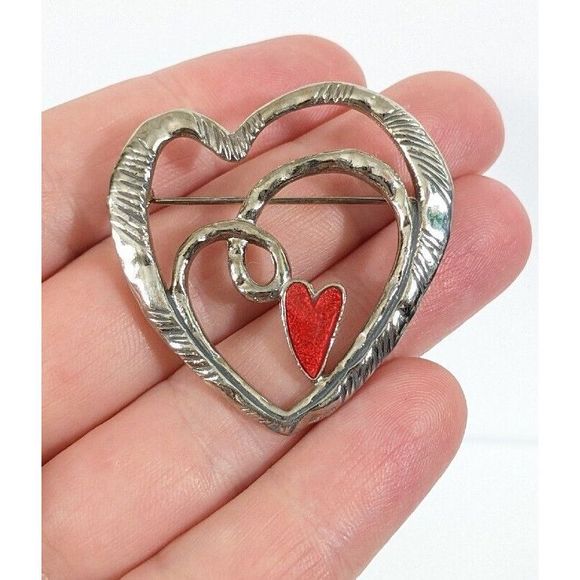 Heart Shaped Silver Toned Red Enamel  Multi Heart Brooch Pin - Love Valentine's - Picture 2 of 9